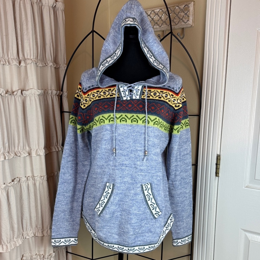 Artesania Hooded Blue Alpaca Sweater Size M